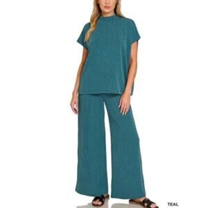 Zenana Teal Ribbed Size Small Short Sleeve Wide Leg Pant Matching Lounge Set